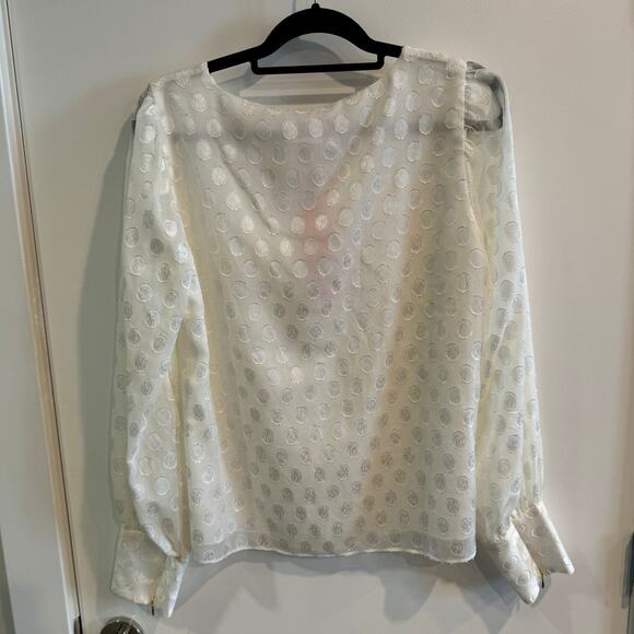 New Lilly Pulitzer Polka Dot Sheer Blouse White Round Neck Zip Long Sleeve Sz L - Picture 2 of 5